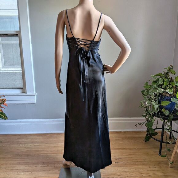 Vintage 90s Y2K Maurices Sequin Prom Gown Black Maxi Dress Strappy Siren Size 7 - Picture 4 of 11